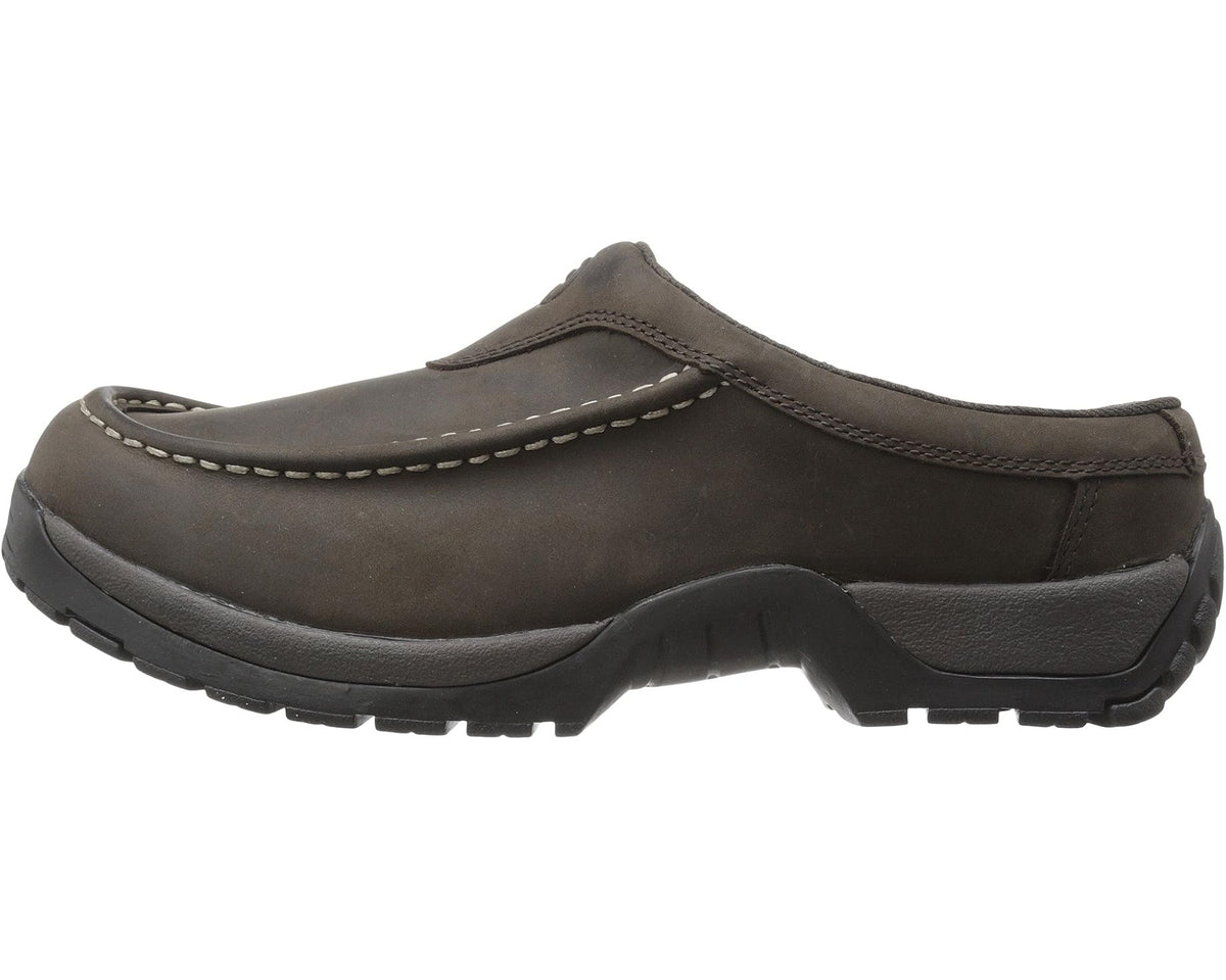 Brown slip-on mule with moc toe stitching and rugged treaded sole