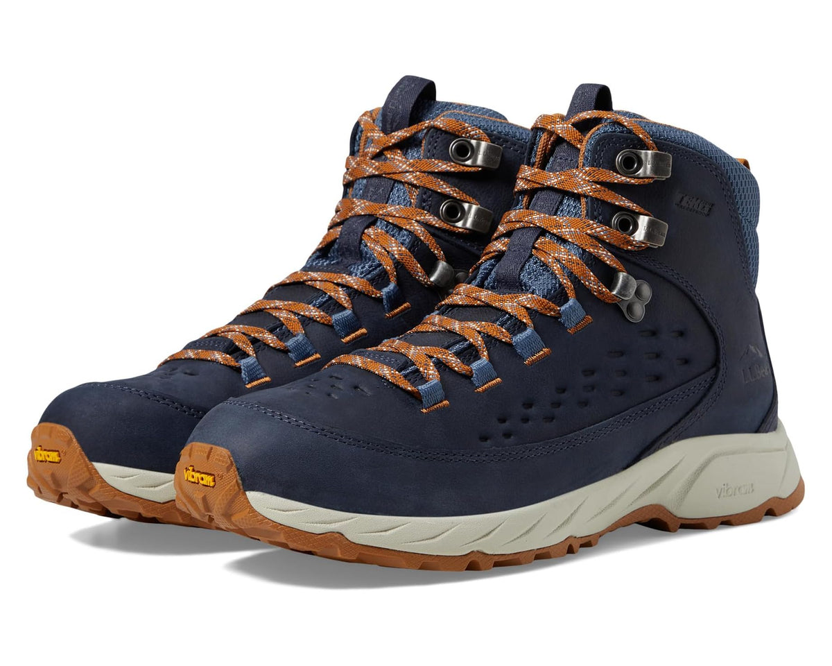 Men's L.L.Bean waterproof hiker mid boots in carbon navy with orange laces