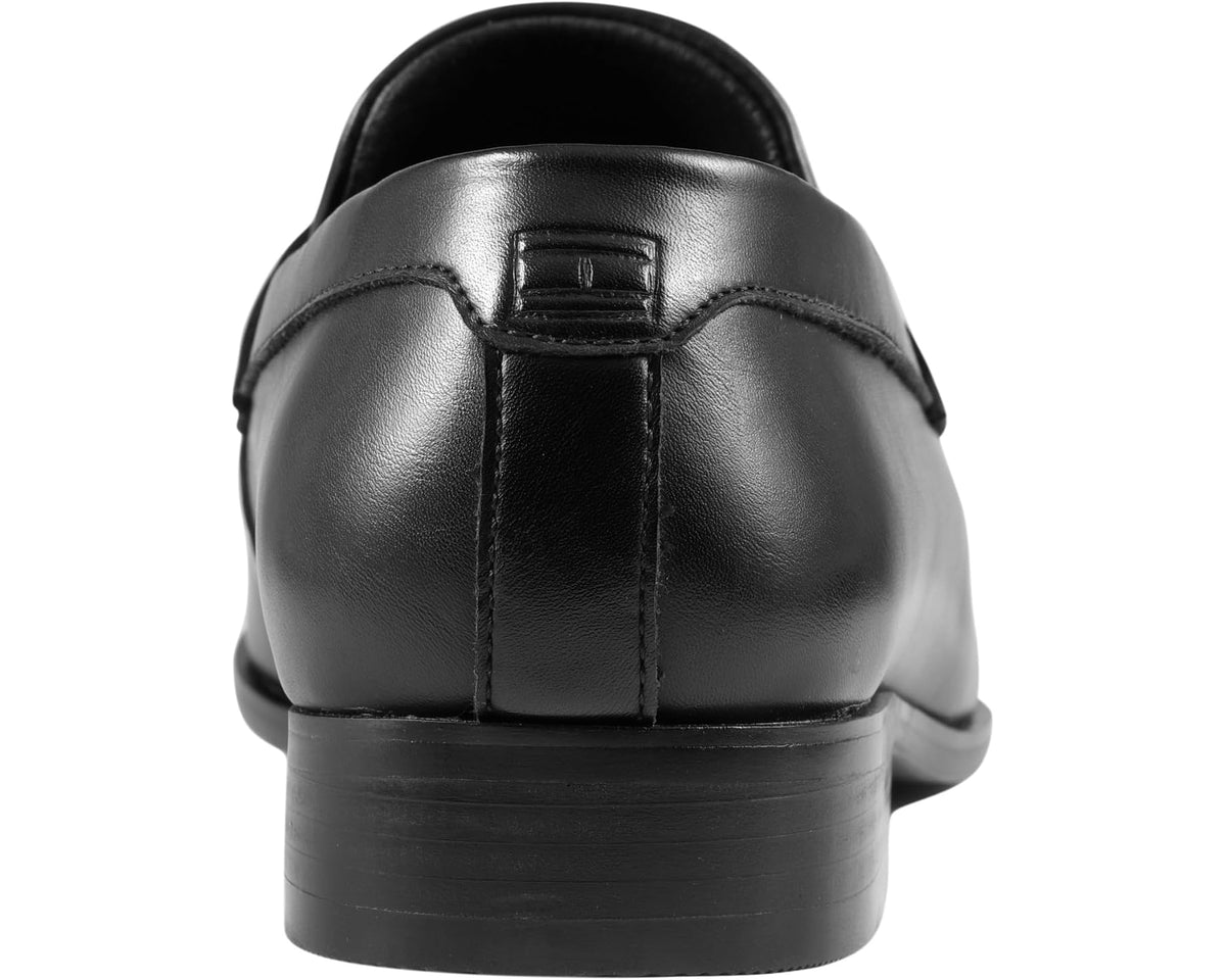 Black leather loafer back view with heel seam and panel stitching