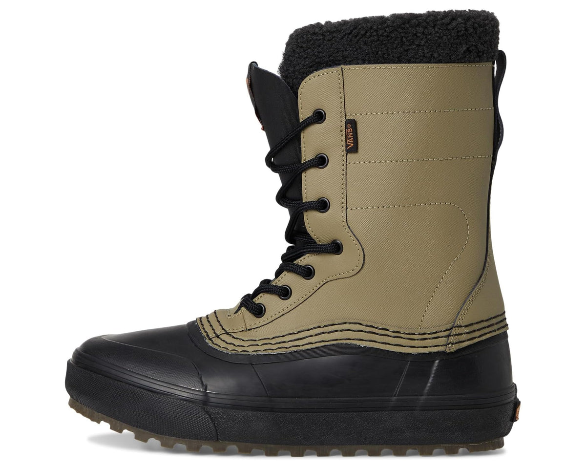 Unisex waterproof boot in bay leaf with black laces, ankle panel, and fleece collar