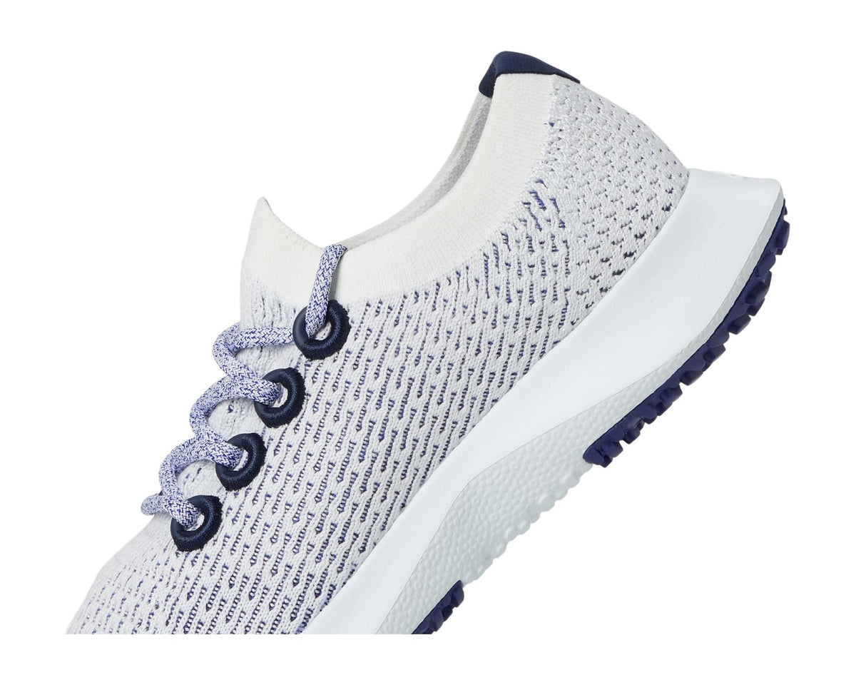 Allbirds Tree Dasher 2 men's sneakers, close-up side view of blue knit and laces