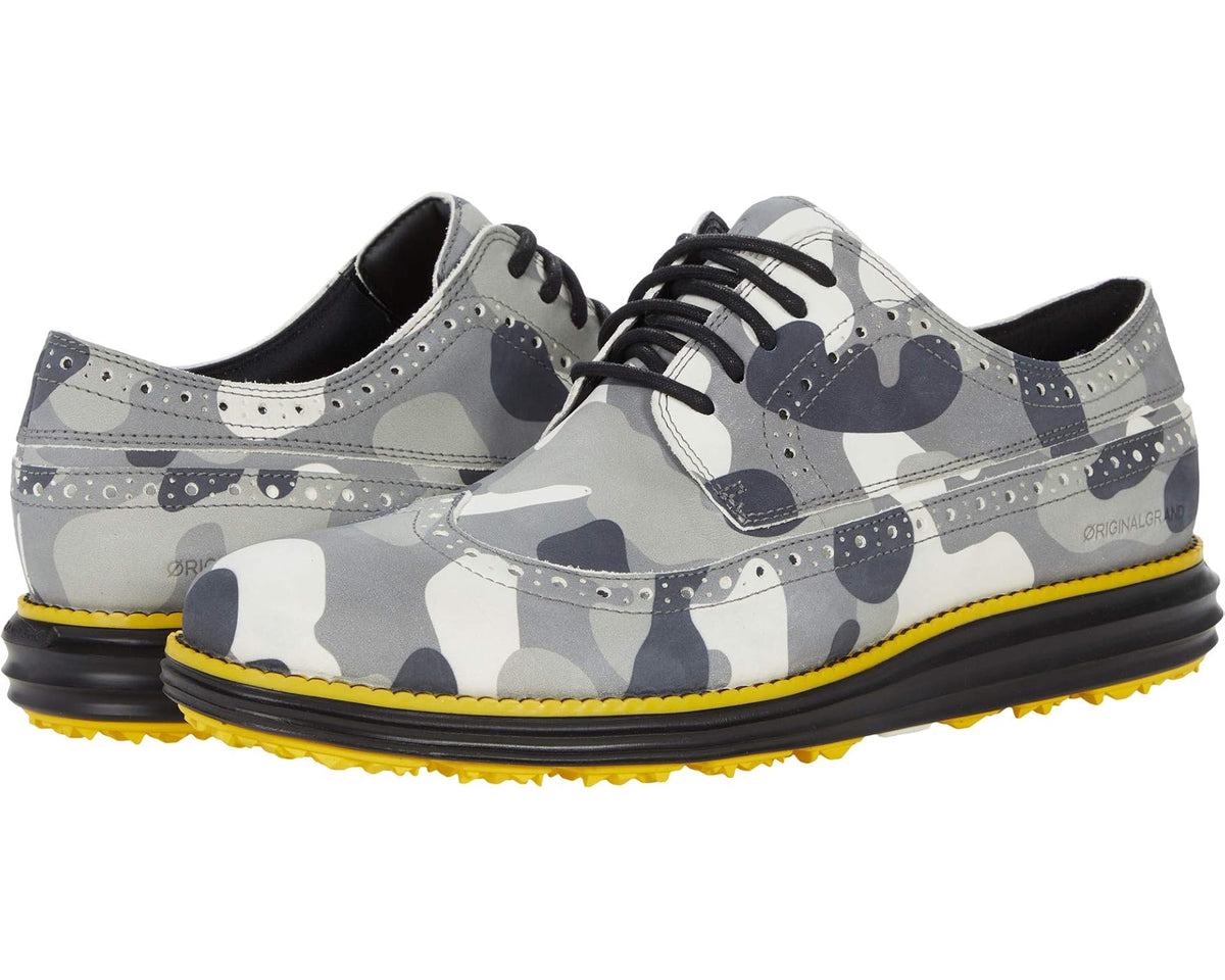 Men's camo wingtip golf oxford shoes in gray, black laces, thick rubber sole