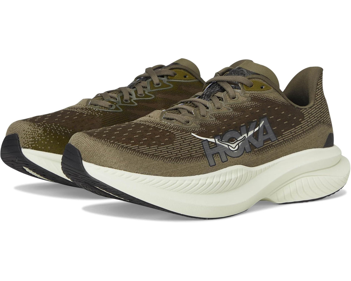 Men's HOKA running shoe, olive-brown knit upper with white midsole, lace-up