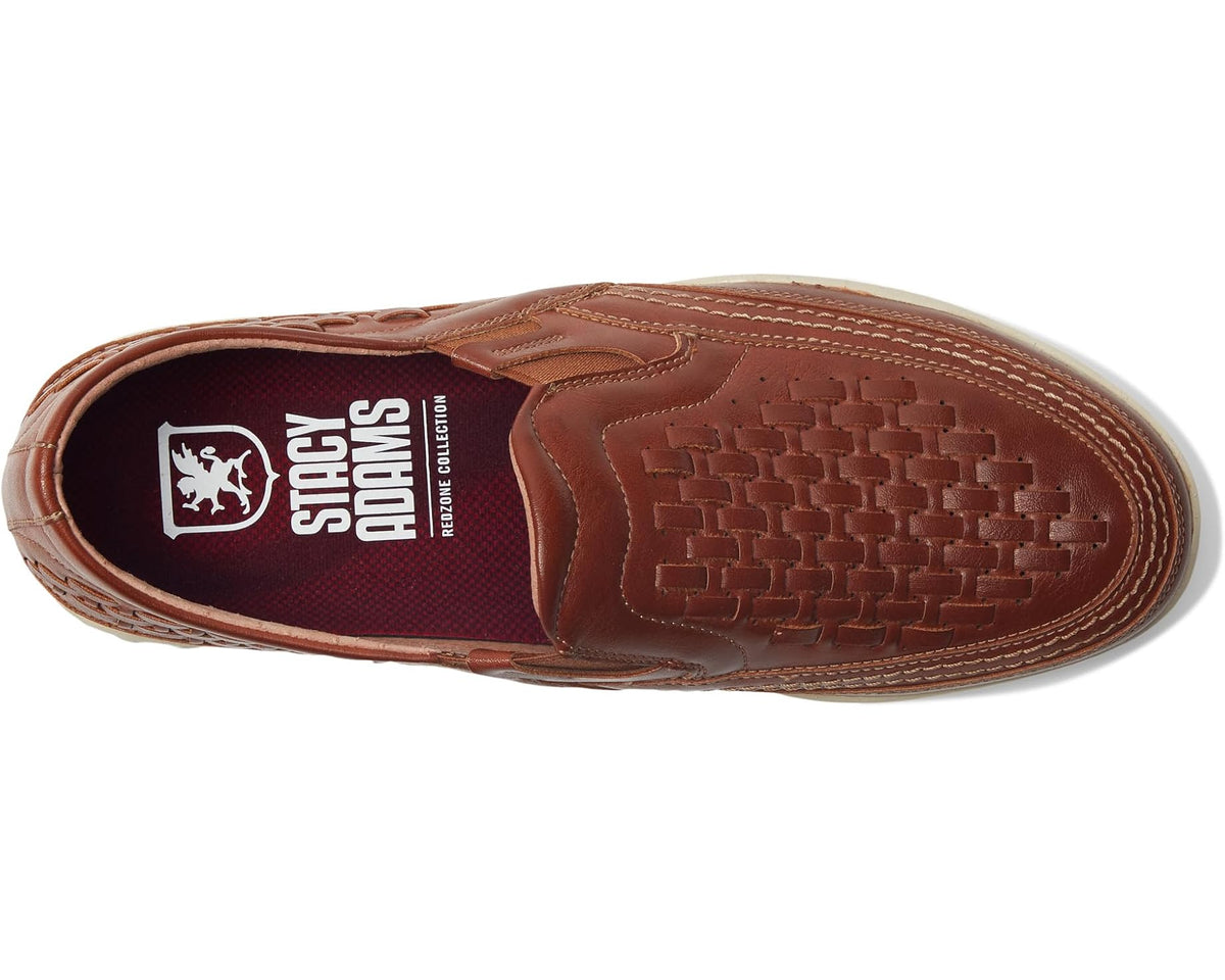 Men's slip-on loafer outsole view with woven leather pattern and cushioned insole