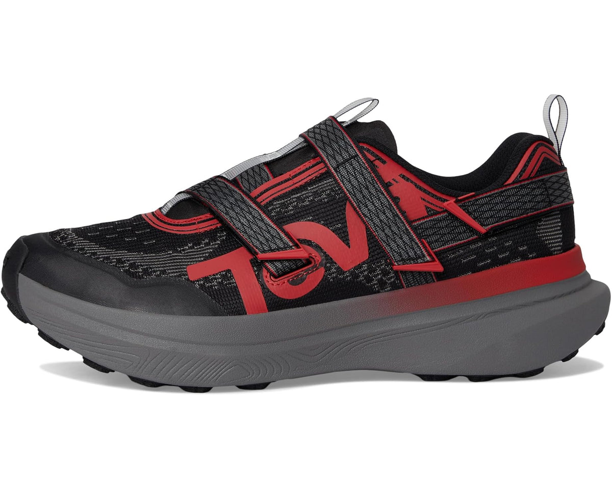 Men's Teva trail running shoes front three-quarter view, black/charcoal with red panels