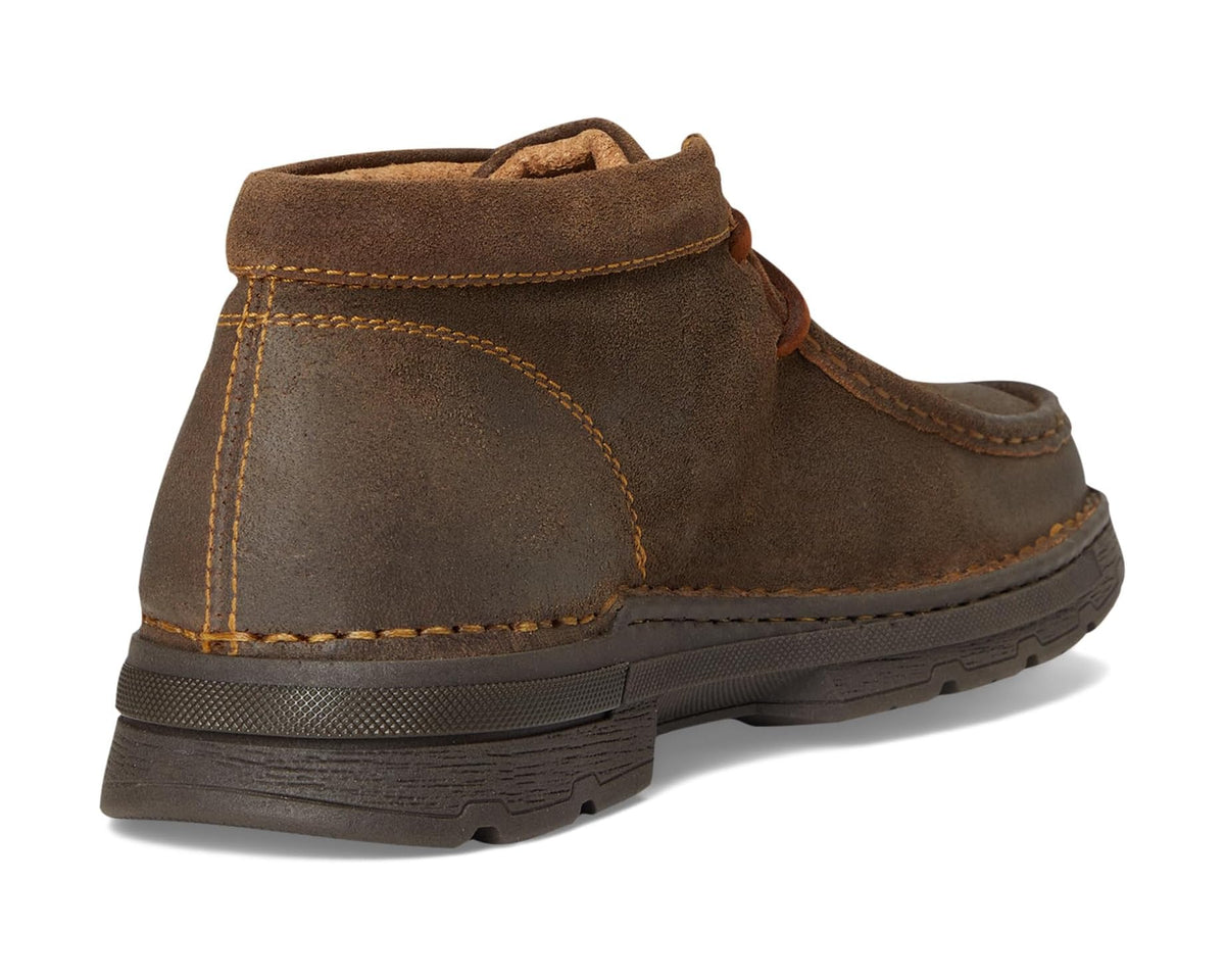 Taupe suede chukka boot with lace-up front and cushioned heel tab
