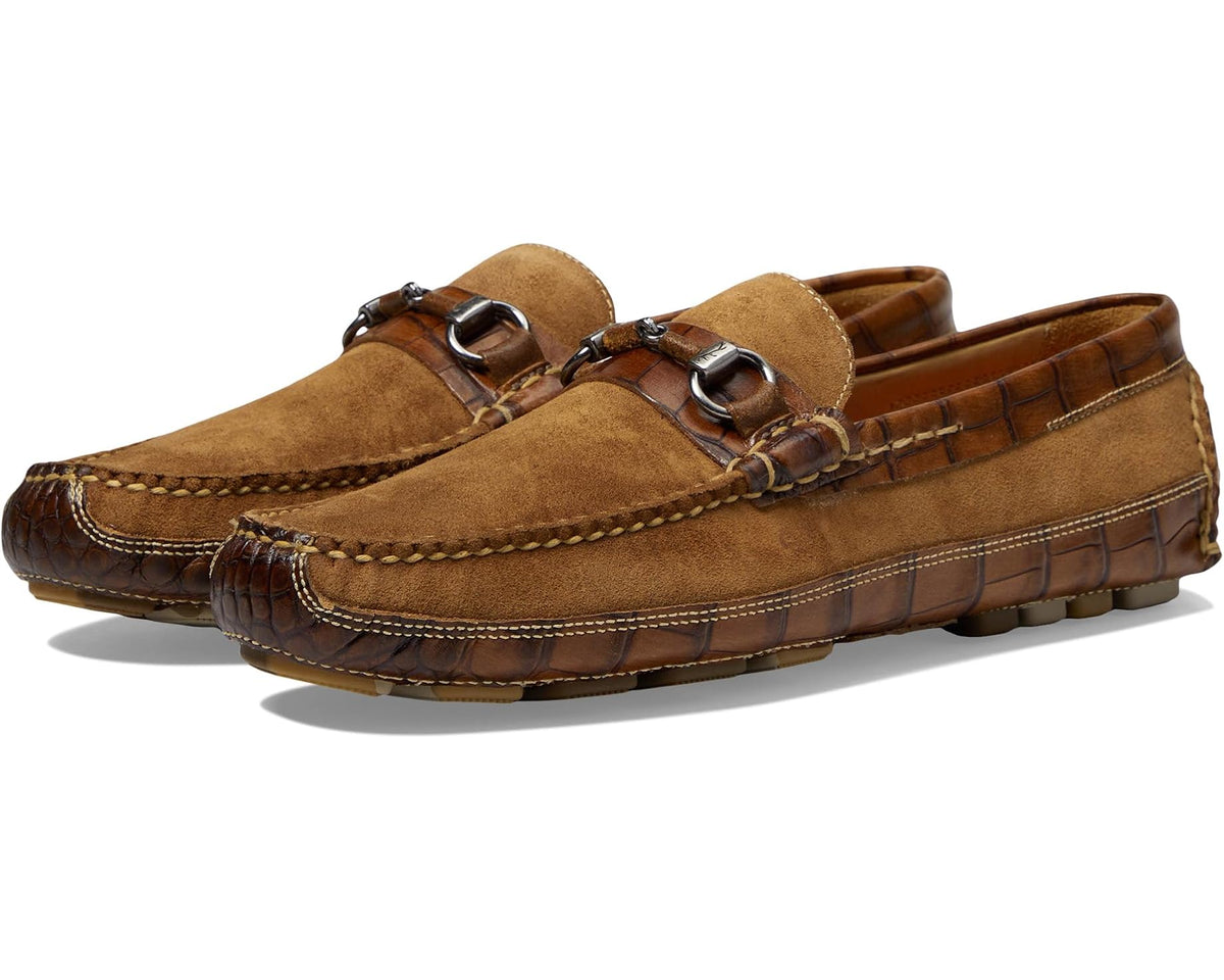 Men's Martin Dingman horse bit driving loafer in tan suede with brown leather trim