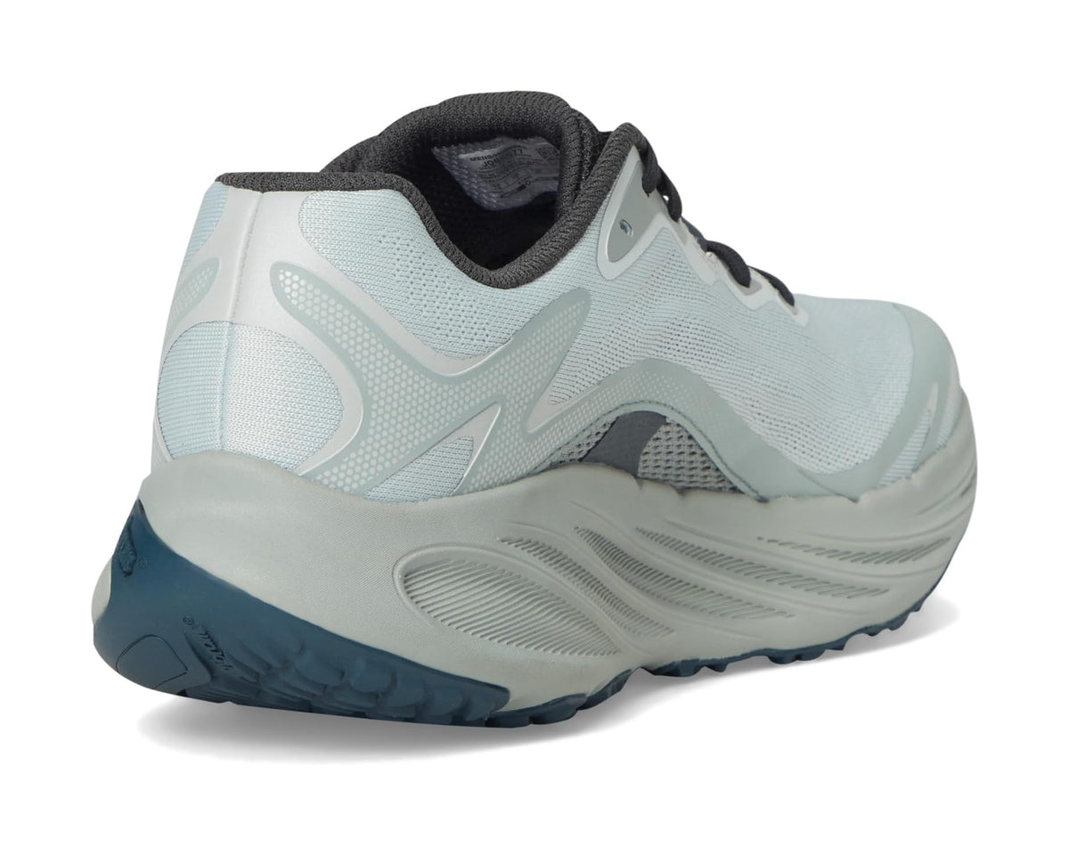 Light blue and white Merrell men's running shoe heel with black collar and blue outsole