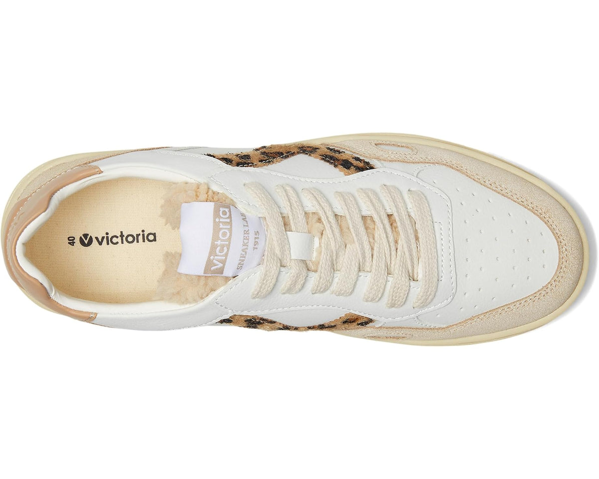 Unisex sneakers side view, white lace-up with leopard panel and camel sole