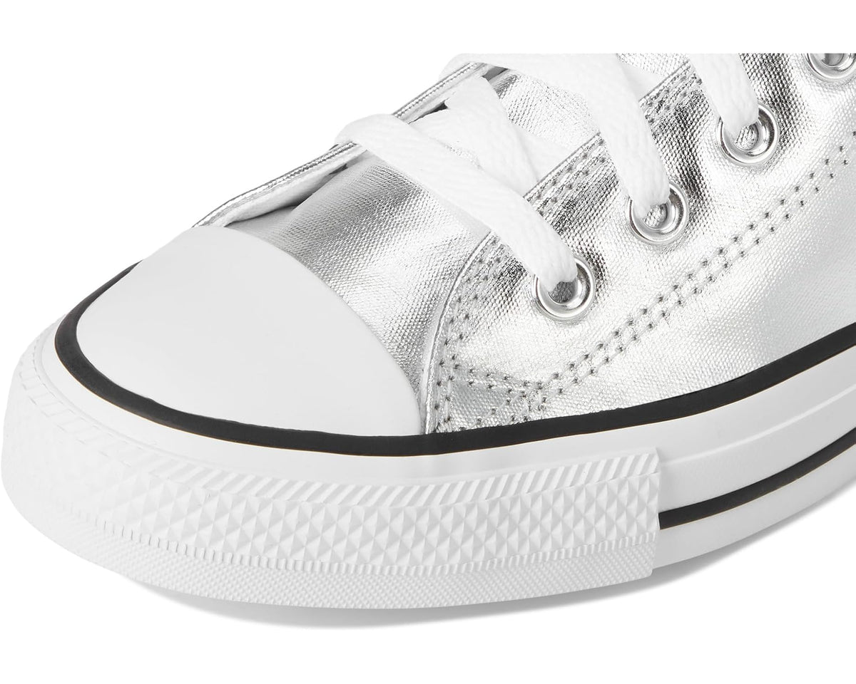 Close-up of metallic silver toe area with white rubber midsole and textured tread