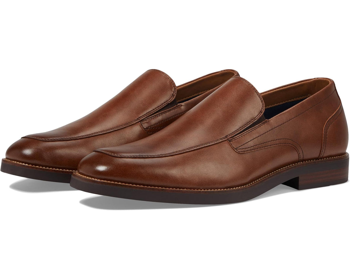 Men's cognac brown leather slip-on loafers with stitched apron and moc toe