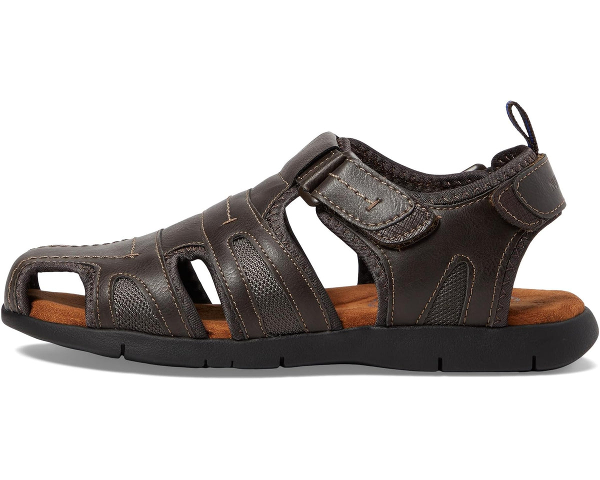 Dark brown fisherman sandal with hook-and-loop strap, stitched detailing, and open sides