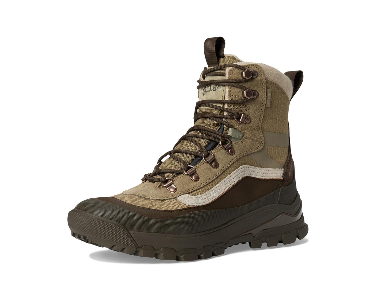 Unisex lace-up snow boot angled profile with olive uppers and white stripe