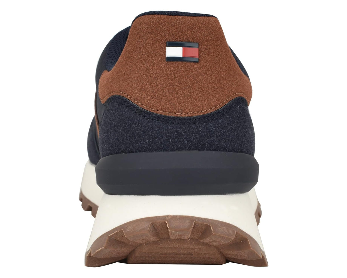 Men's navy and cognac sneaker heel with small flag logo on back panel