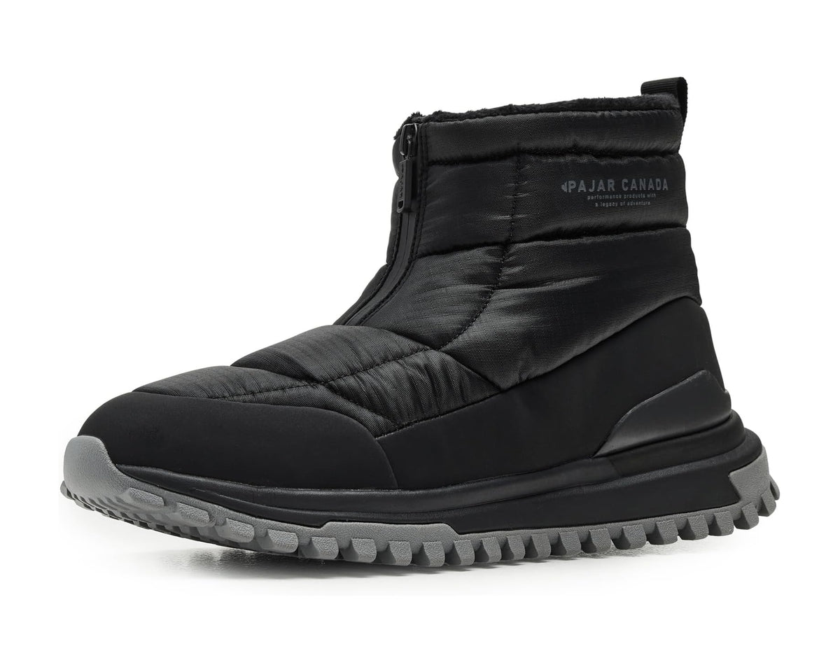 Men's black puffer winter ankle boots with side zipper and grippy tread sole