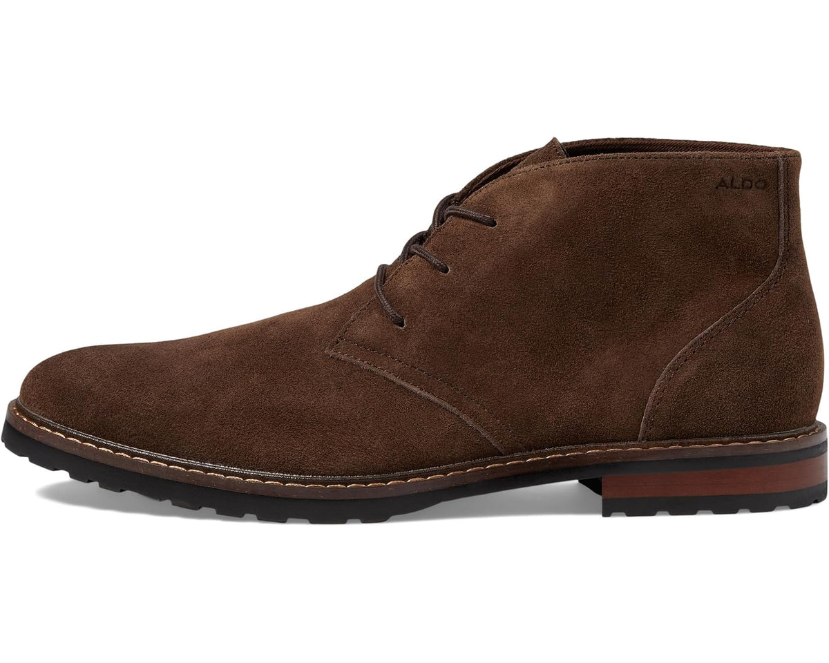 Brown suede lace-up chukka boot with side seam and rubber heel