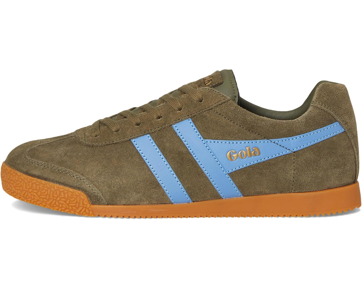 Men's Gola Harrier suede sneakers, khaki with light-blue side stripes and orange sole