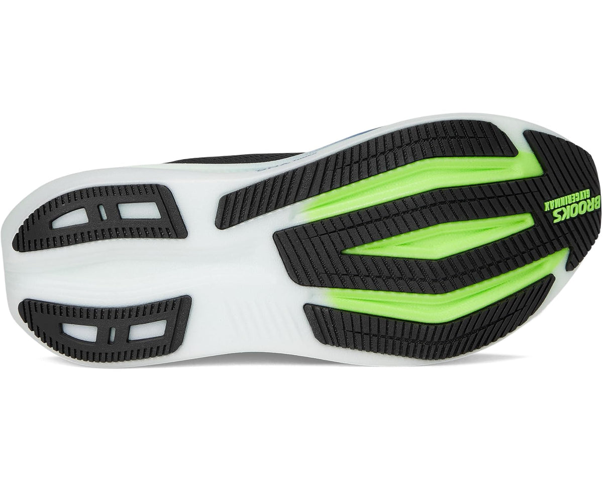 Running shoe outsole with dark tread blocks and neon green center stripe