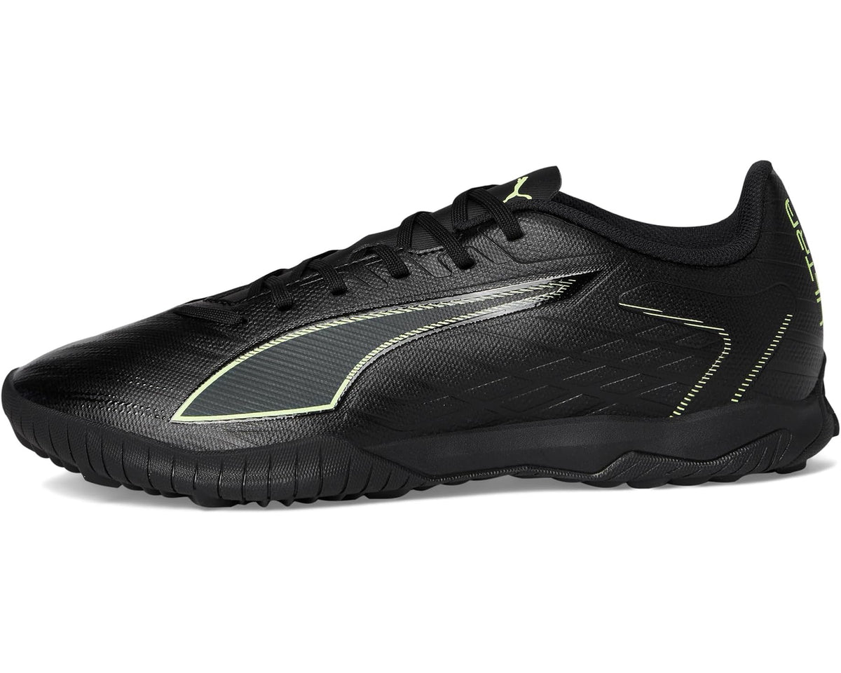 Black PUMA turf soccer cleats with silver forefoot panel and neon green stripe