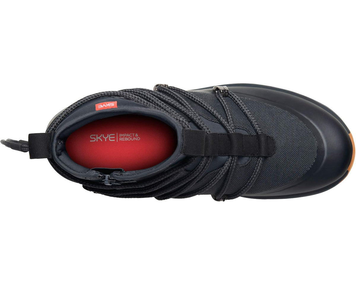 Dark high-top lace-up boot showing red-lined interior and padded collar