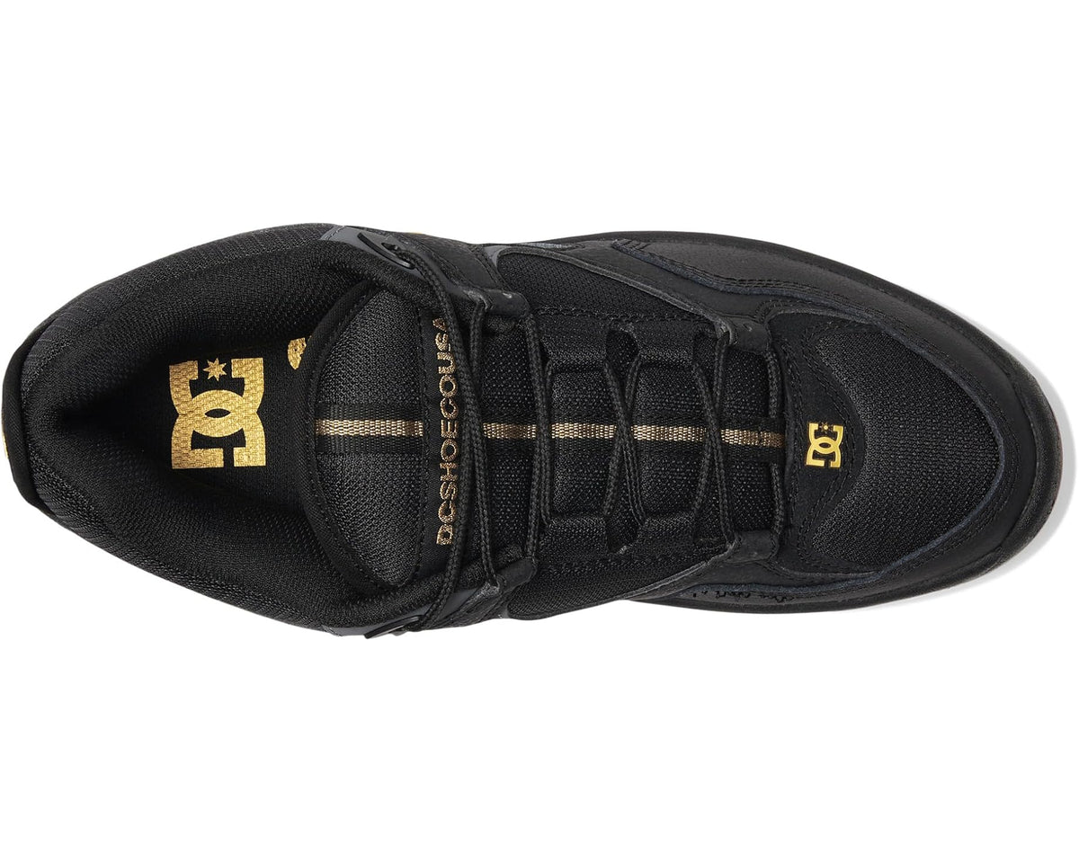 Men's black sneaker interior view with lace-up tongue and gold heel logo