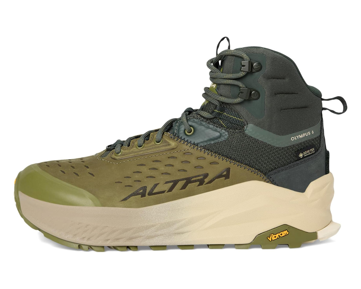 Unisex mid hiking boot by Altra, dusty olive panels with dark top and padded collar