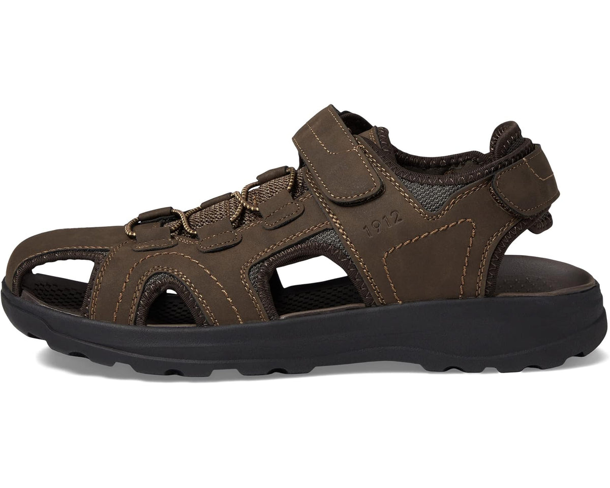 Brown closed-toe fisherman sandal front view with two hook-and-loop straps