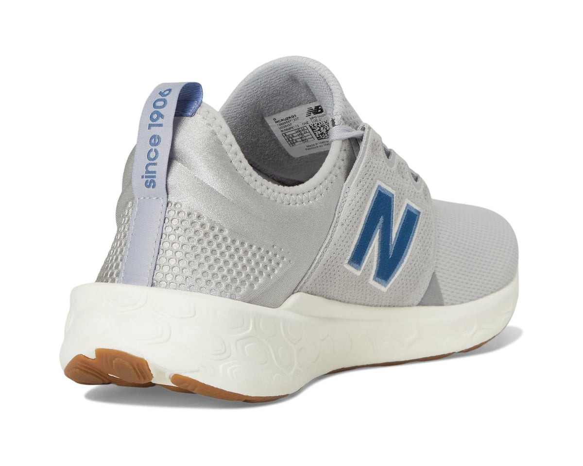 Men's New Balance Fresh Foam X Cruz v3 heel view, light gray knit with brown outsole edge