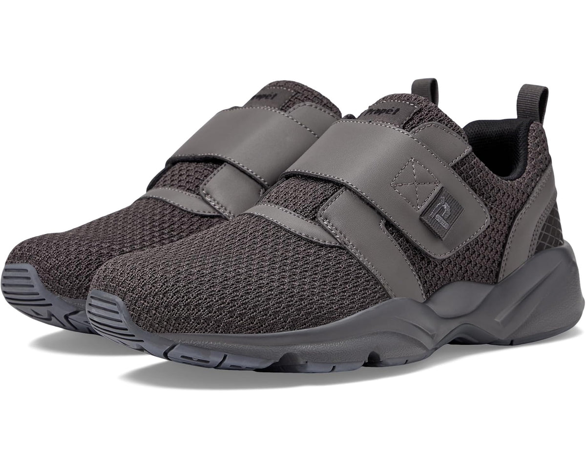 Men's Propet stability strap sneaker, dark stone knit with gray straps and black trim