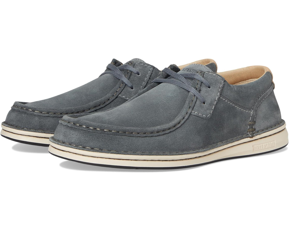 Men's Birkenstock suede lace-up shoes in basalt gray, side view with white sole