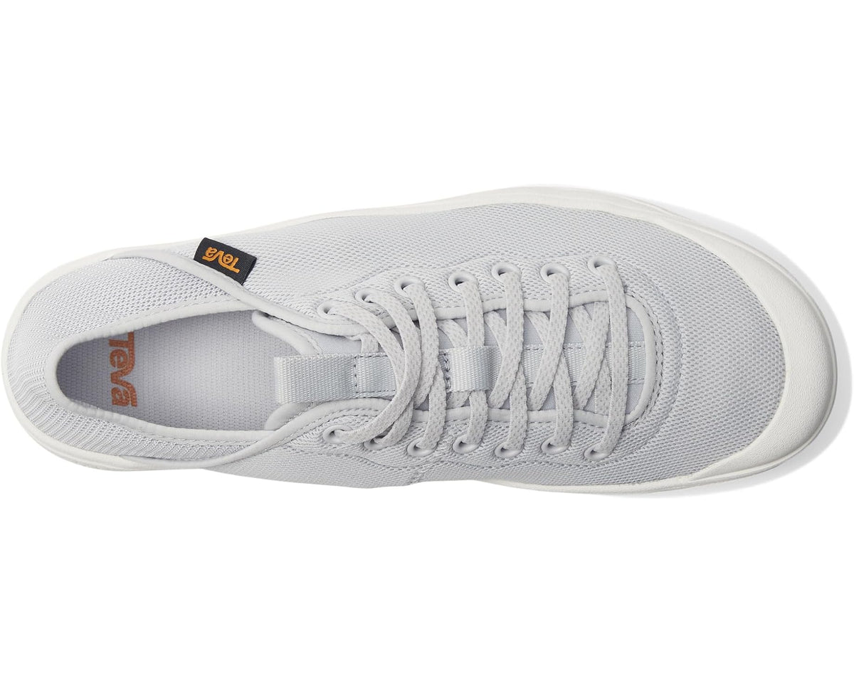 Unisex light gray mesh sneaker, open collar view with padded tongue and laces