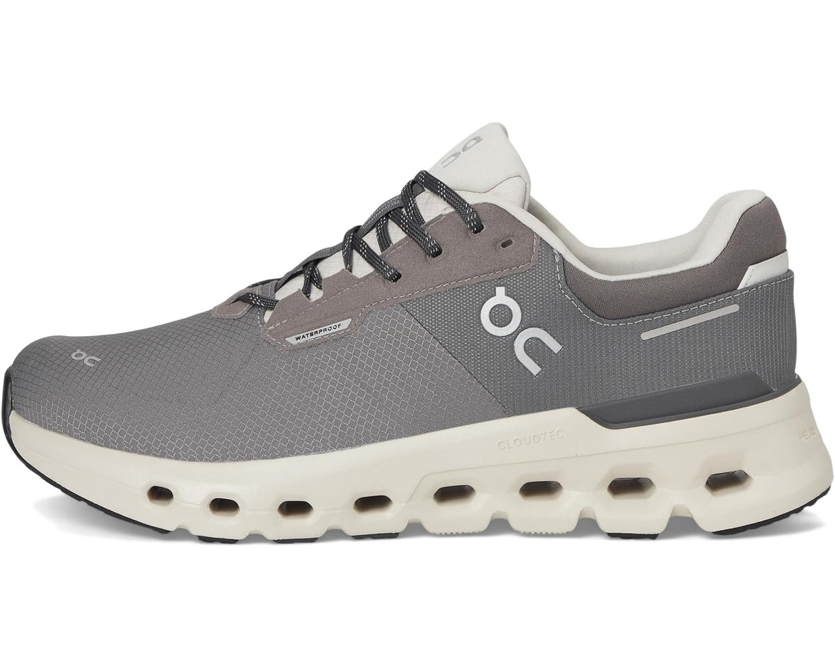 On Cloudrunner 2 waterproof running shoes, gray knit with lace-up and white midsole