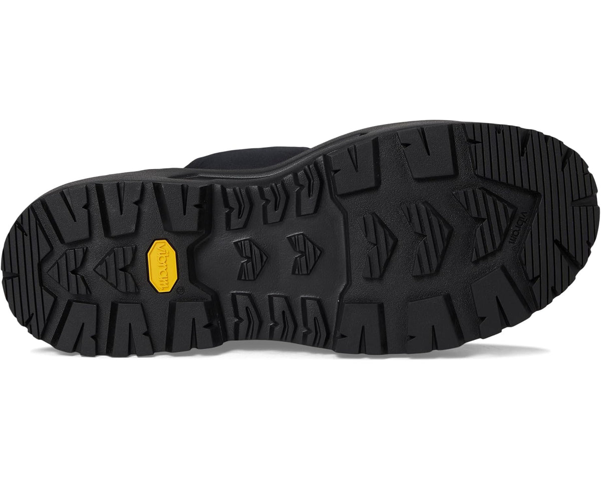 Black rubber outsole with rugged tread and yellow accent, molded traction soleplate