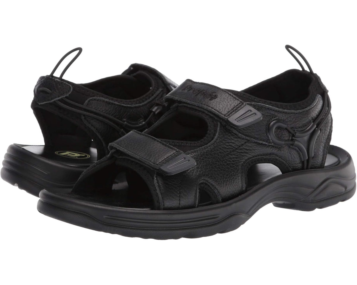 Men's black leather sport sandals with hook-and-loop straps and cushioned footbed