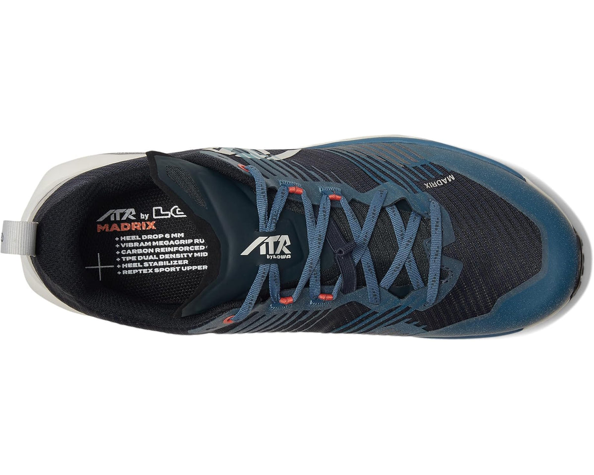 Men's trail running shoe side view with blue laces and cushioned collar