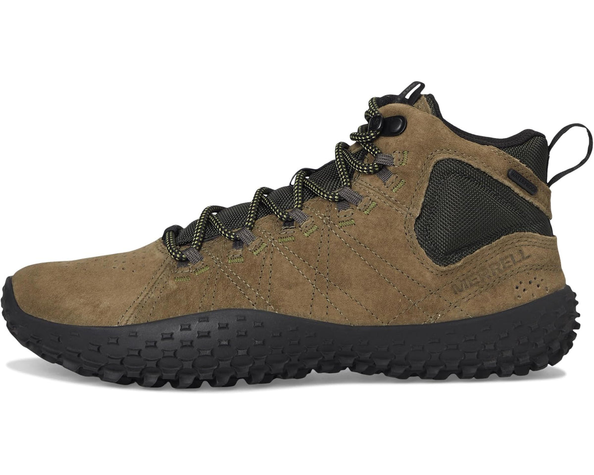 Men's Merrell Wrapt Mid waterproof boot, olive suede with black toe guard and laces