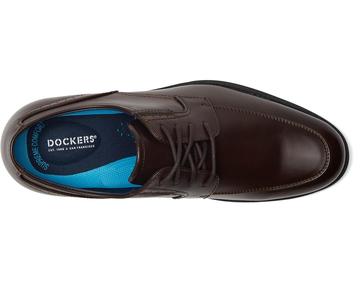 Dockers lace-up dress shoe showing blue-lined interior and stitched vamp detail
