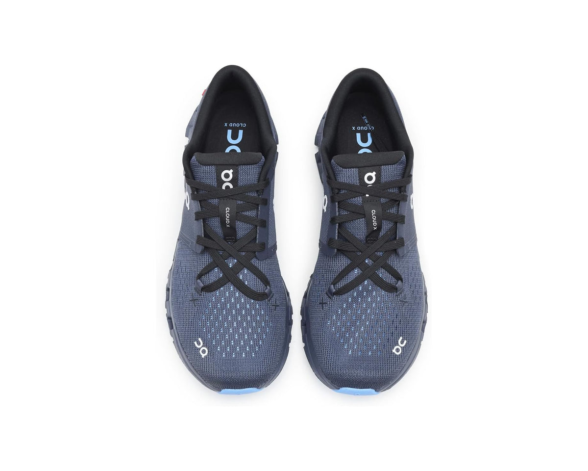 Pair of On Cloud X 4 running shoes, dark navy mesh uppers with black laces
