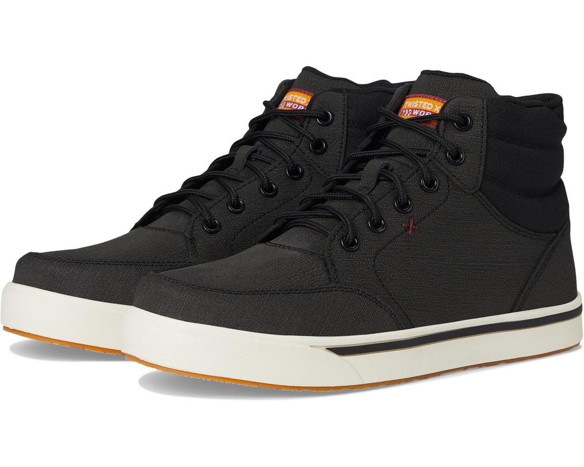 Black high-top work boots with lace-up closure and padded tongue