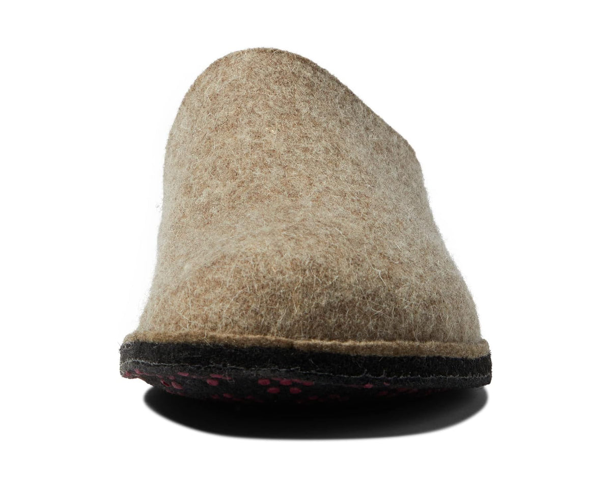 Tan felt clog slipper heel view with black sole and red trim
