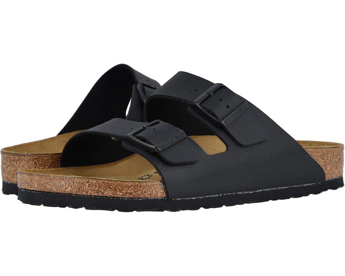 Birkenstock Arizona black two-strap slide sandals with adjustable buckle closures