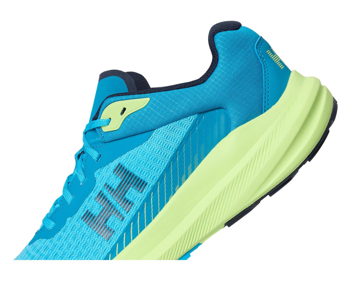 Men's Helly Hansen Buzzard trail runner close-up, blue laces and lime-green side panel