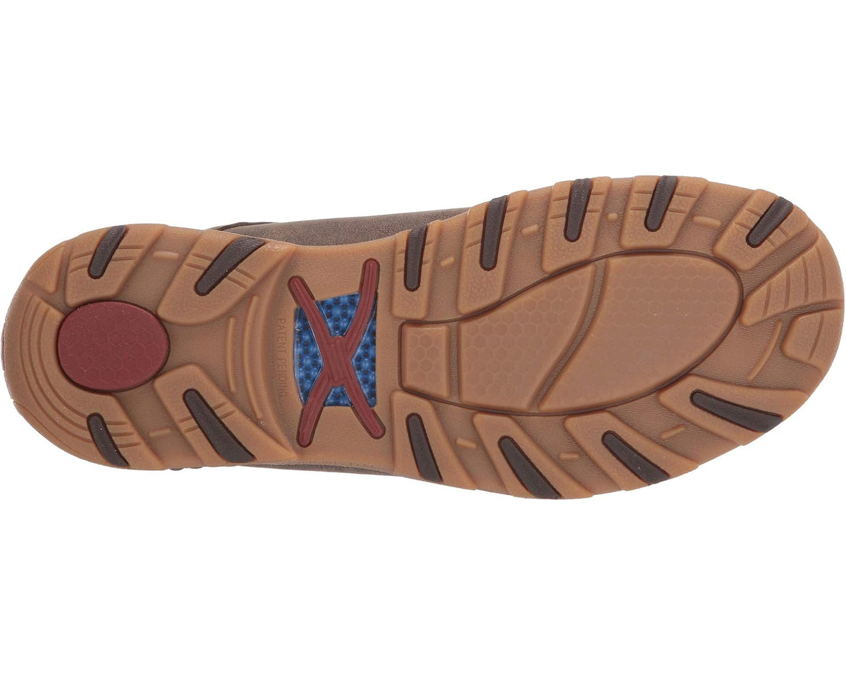 Men's suede slip-on moccasin shoe outsole with patterned traction and brand mark