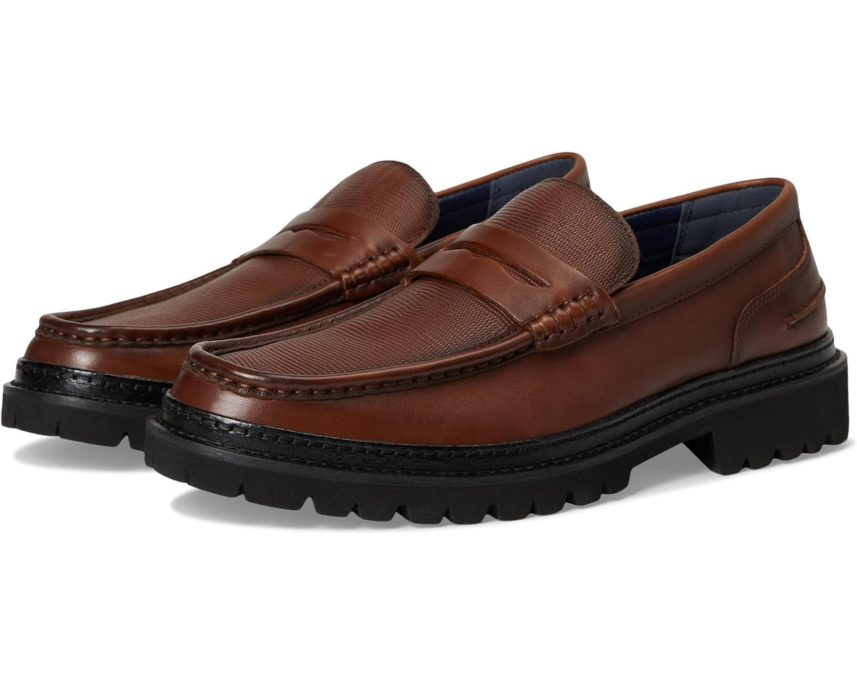 Men's tan leather loafer with penny strap and lug sole