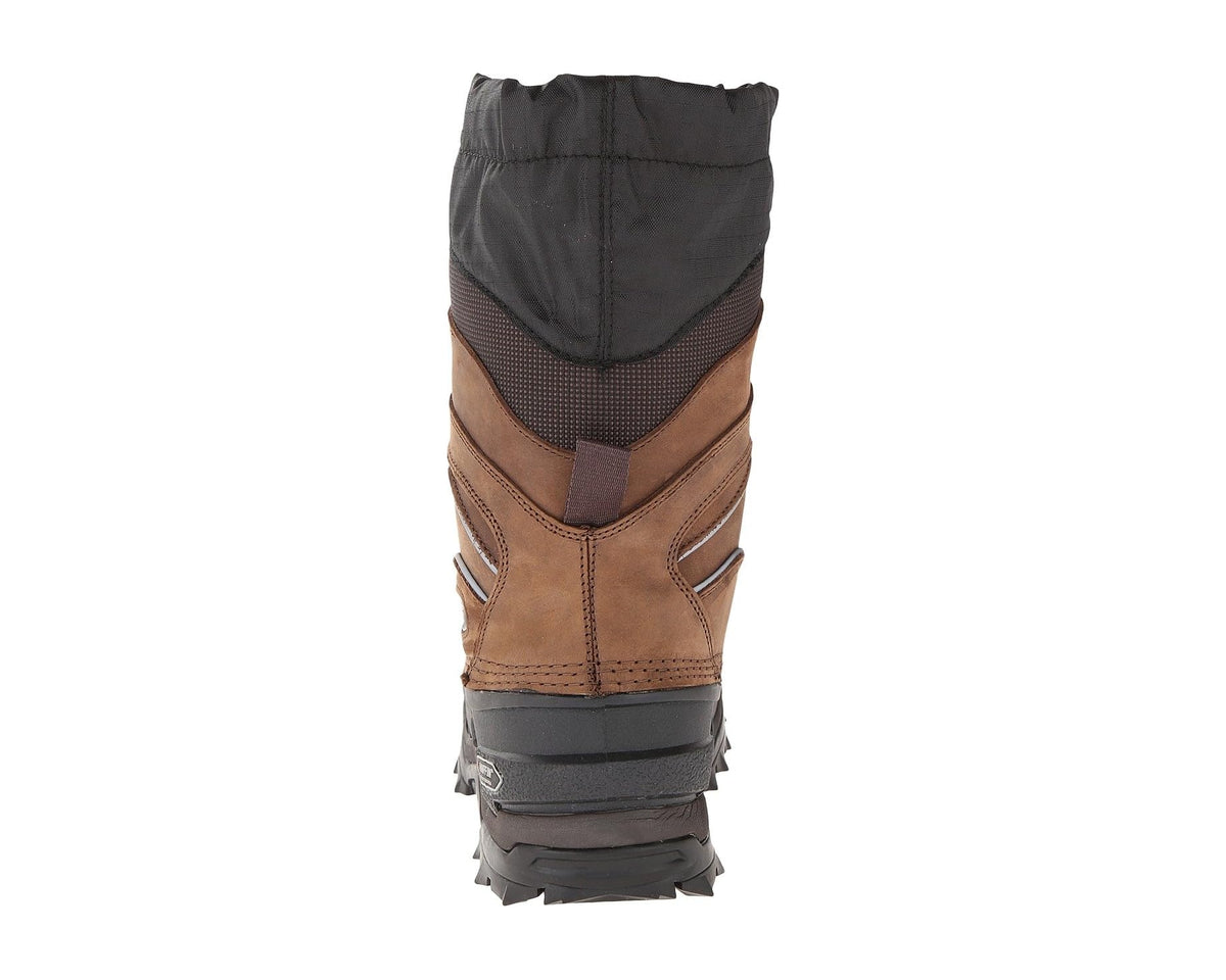 Men's snow boot heel view with worn brown leather, black collar, and tread edge