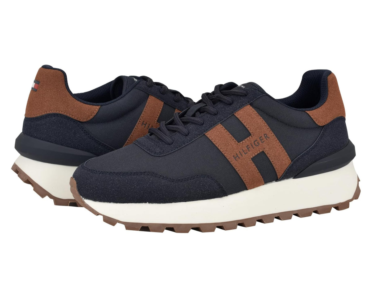 Men's navy and cognac lace-up sneaker with striped panels and cushioned sole