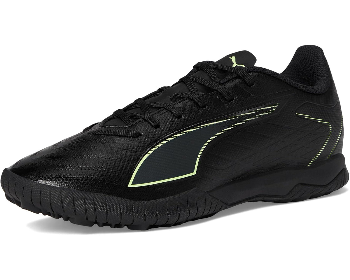 Black PUMA turf soccer cleats front view with neon green PUMA cat