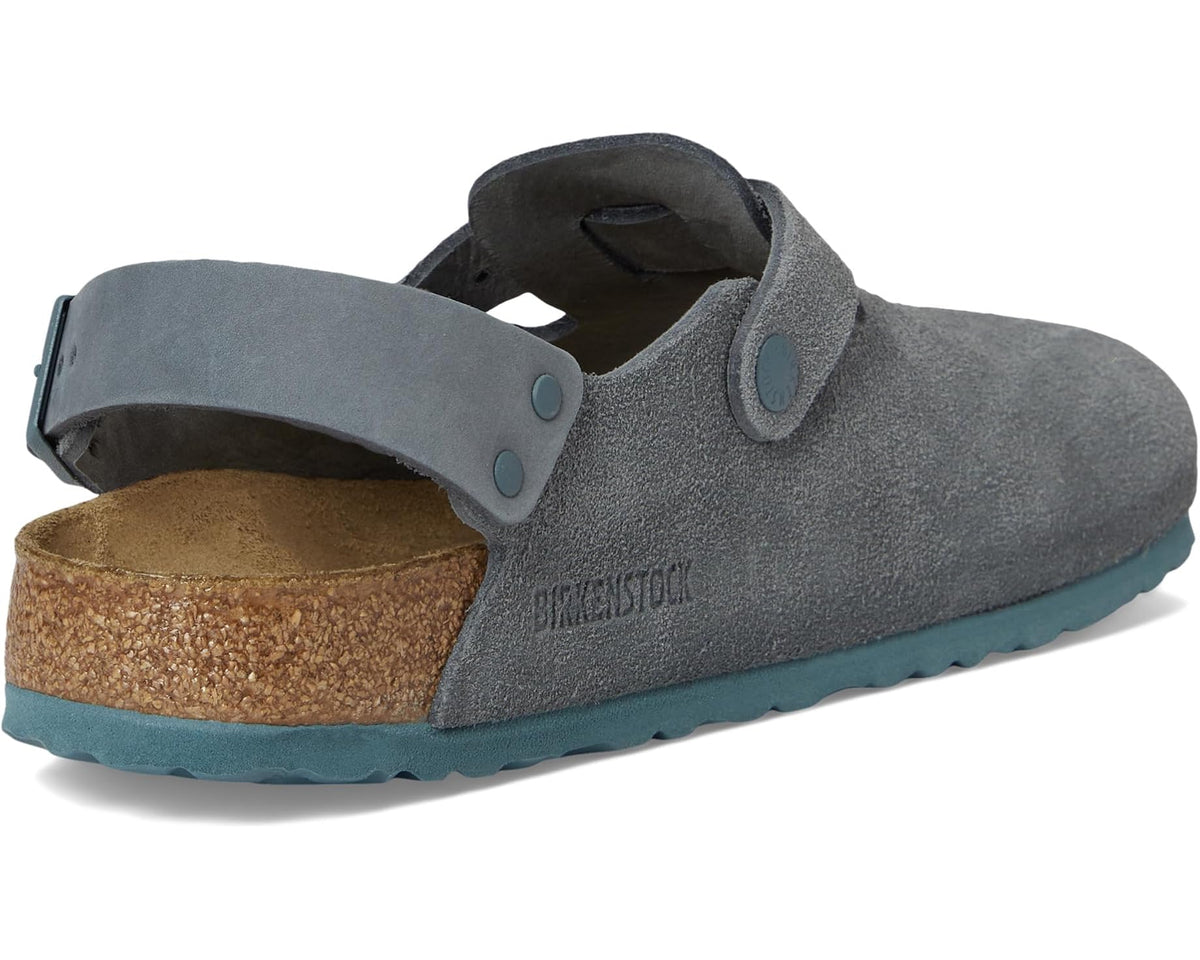 Basalt gray suede clog sandal with blue straps, cork footbed, and black heel strap