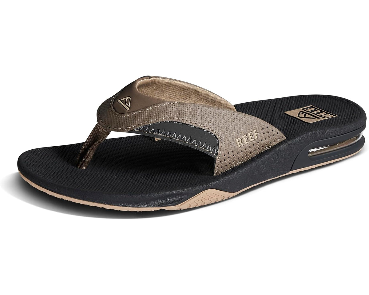 Tan and black men's flip-flop sandals with textured thong straps