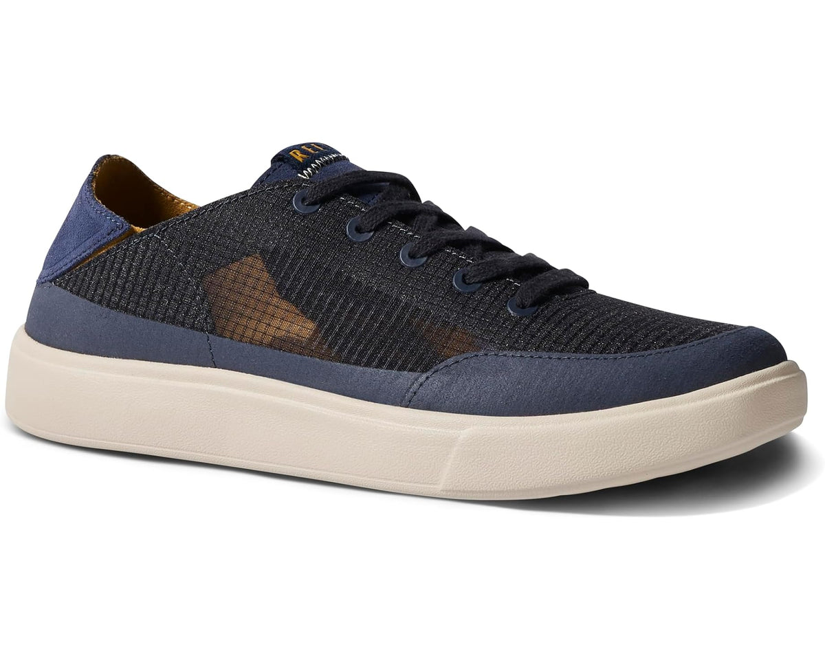 Men's navy and honey textile low-top sneakers with lace-up front and rubber sole